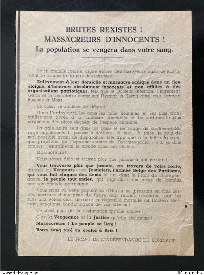 Tract Presse Clandestine Résistance Belge WWII WW2 'Brutes Rexistes! Massacreurs D'innocents!' - Documents
