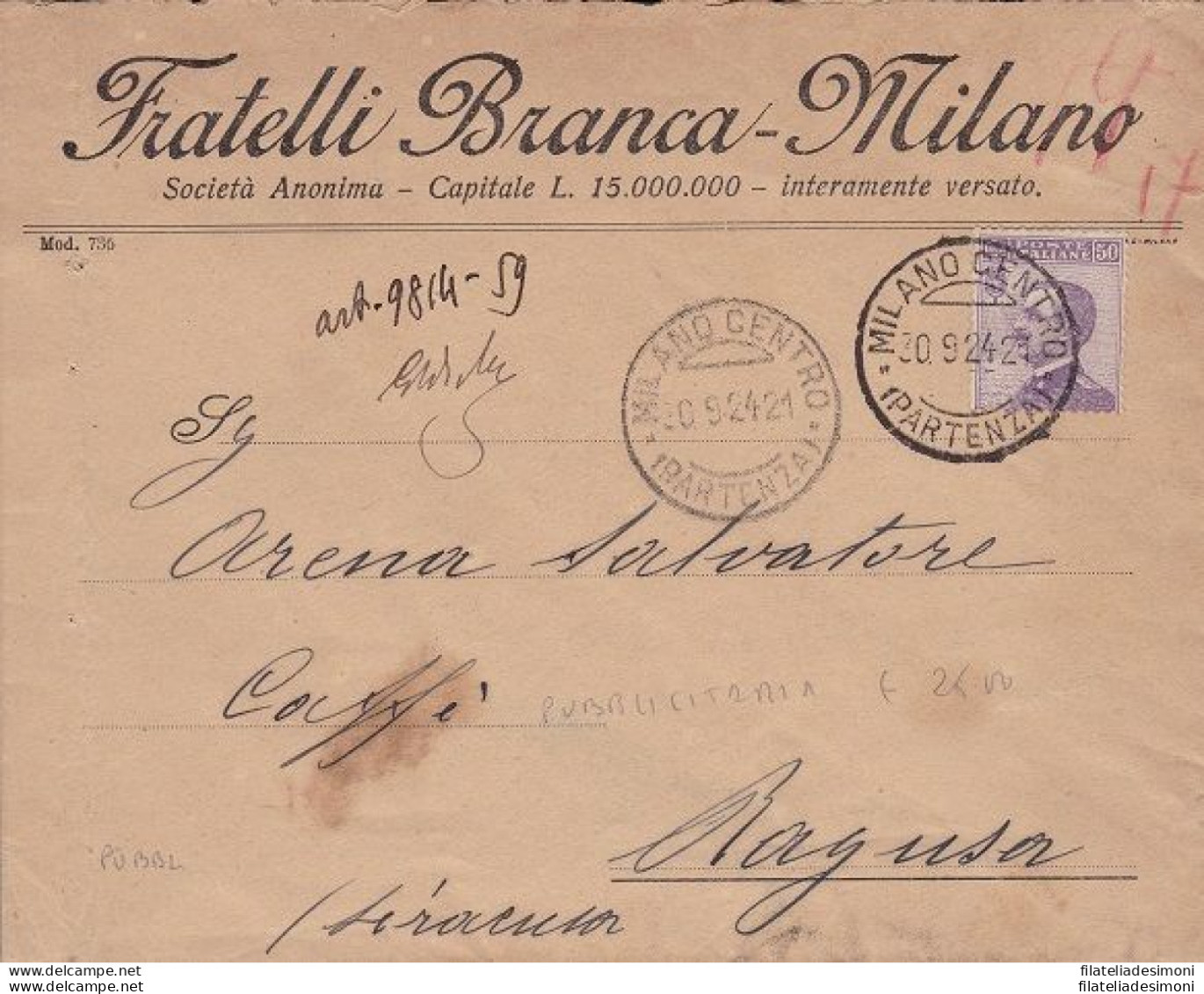 1924 Italia - Regno , Lettera Pubblicitaria Viaggiata Della Fratelli Branca - Europe