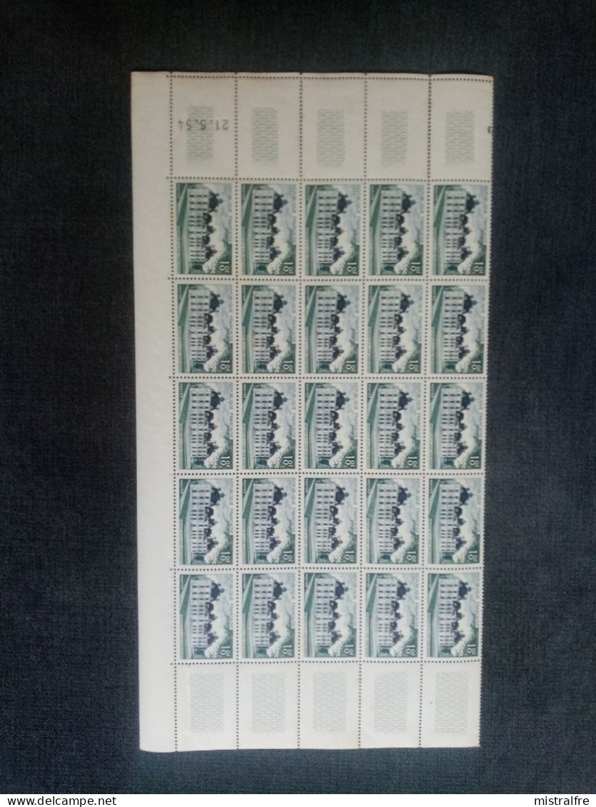 FRANCE. 1954. " Chateau De CHEVERNY " N° 980 Feuille De 25 Ex Coin Daté 21.5.54. NEUFS ++. Côte YT 2023 : 75,00 € - Full Sheets