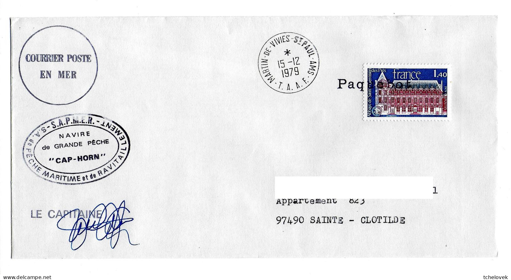 FSAT TAAF Cap Horn Sapmer 15.12.1979 SPA T. France 1.40 St Germain Des Pres (2) - Storia Postale