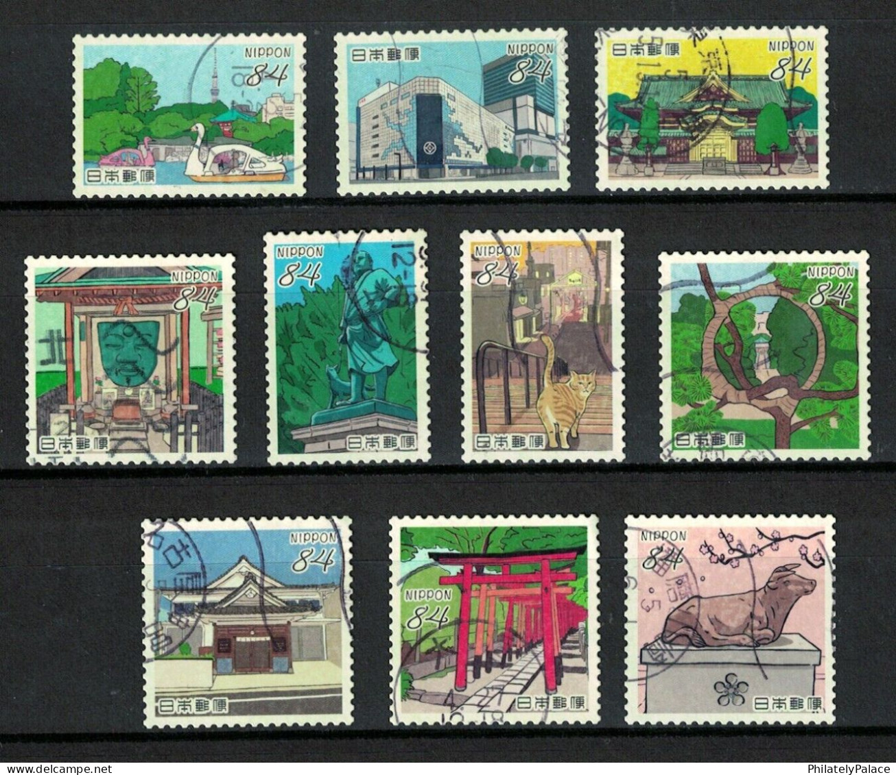 JAPAN 2023 EDO TOKYO SERIES PART III 84 YEN COMP. SET OF 10 ,CAT,TEMPLE,OX,DUCK,MASK,ARCHITECTURE,USED (**) - Usados