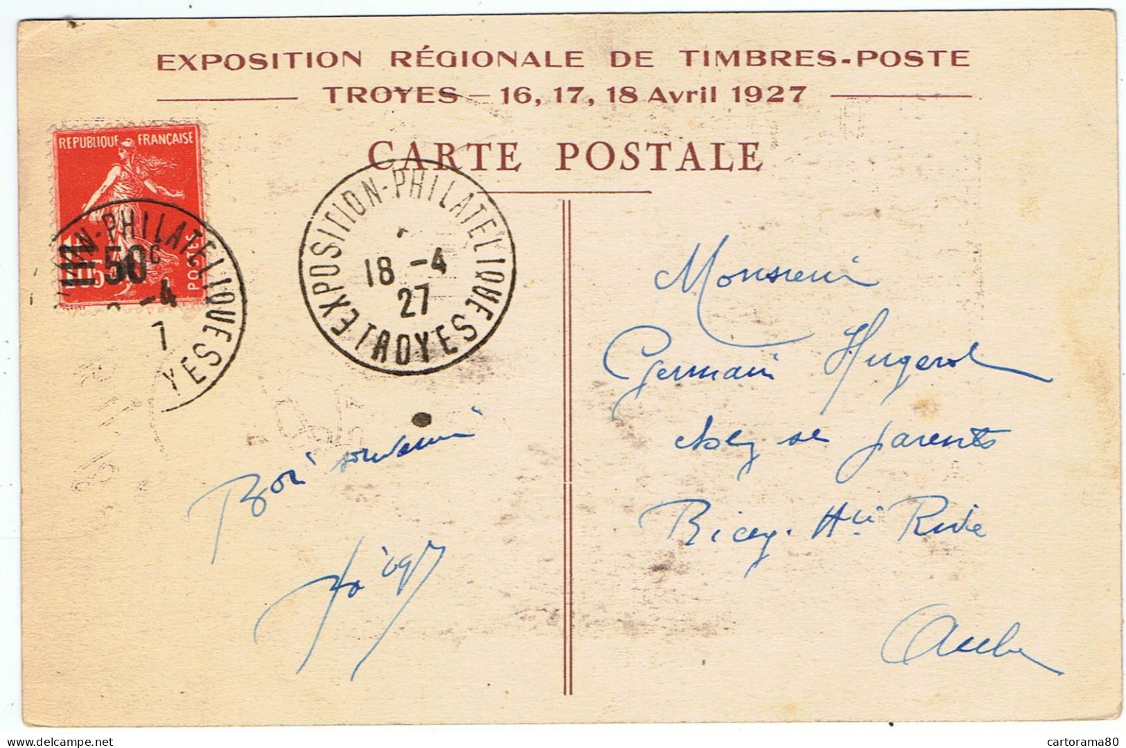 Exposition Philatélique De L'Est / Troyes 1927 / Semeuse YT N° 225 - Commemorative Postmarks