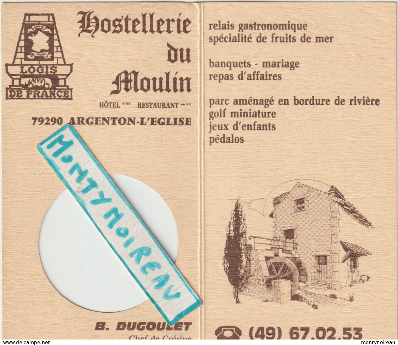 VP : Carte De Visite : ARGENTON L église , Hotel  Restaurant , Hostellerie  Du  Moulin  , Logis De  France - Visitenkarten