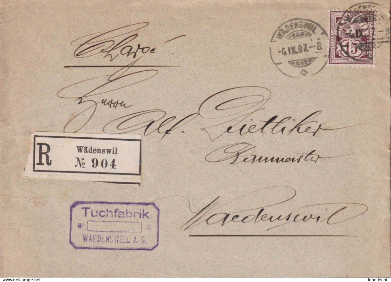 1907 Schweiz, R-Brief Wädenswil, Tuchfabrik, Zum:CH 85,Mi:CH 87, Ziffer-Marke, - Lettres & Documents