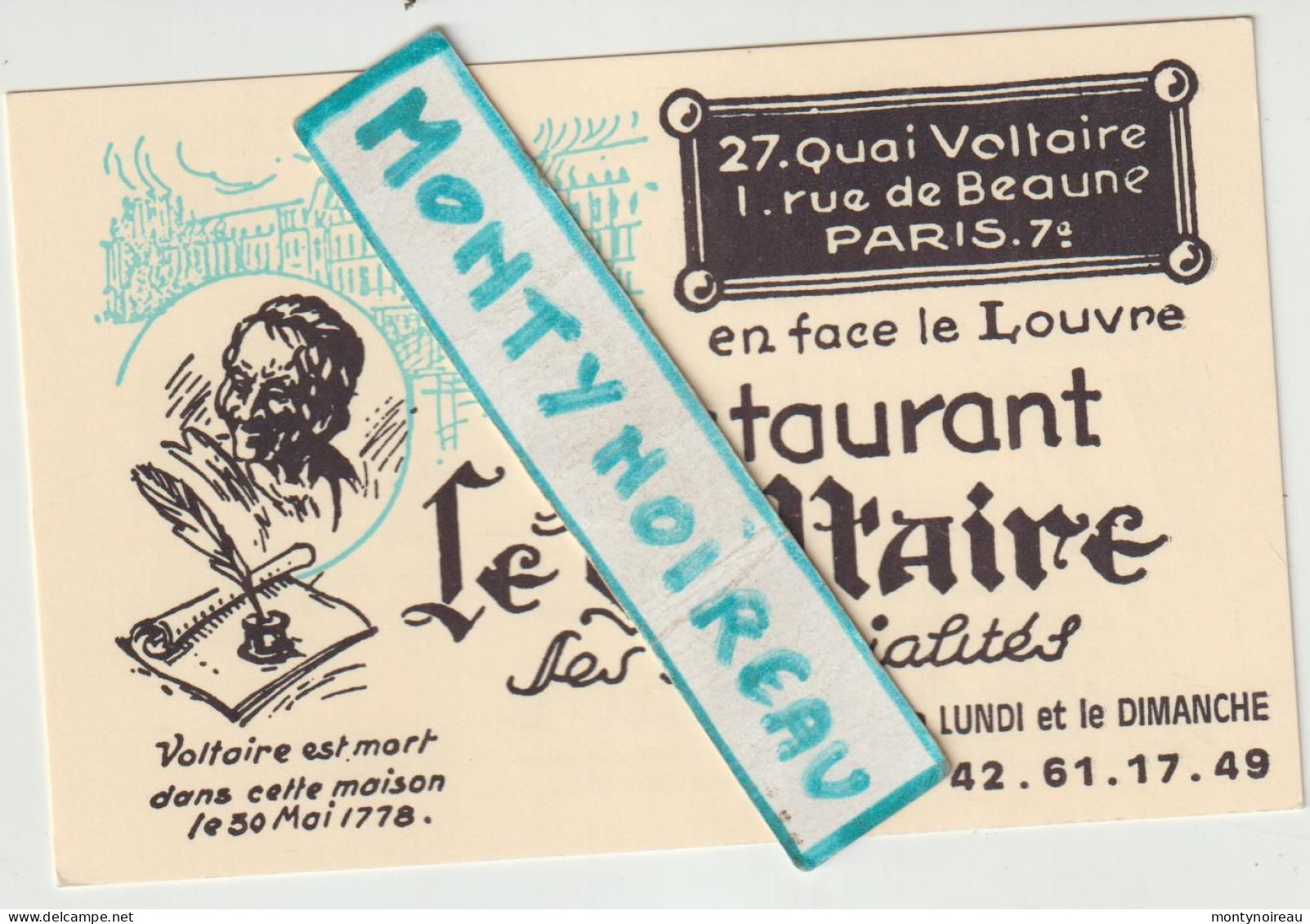 VP : Carte De Visite : Restaurant Le  Voltaire , Paris 7  Em - Visiting Cards