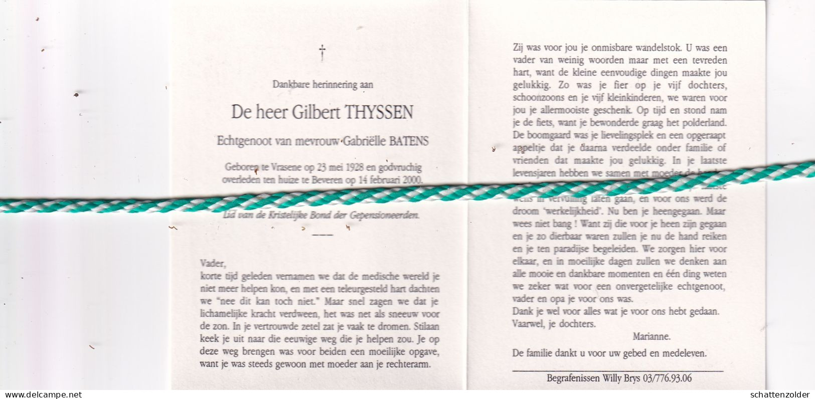 Gilbert Thyssen-Batens, Vrasene 1928, Beveren 2000. Foto - Décès