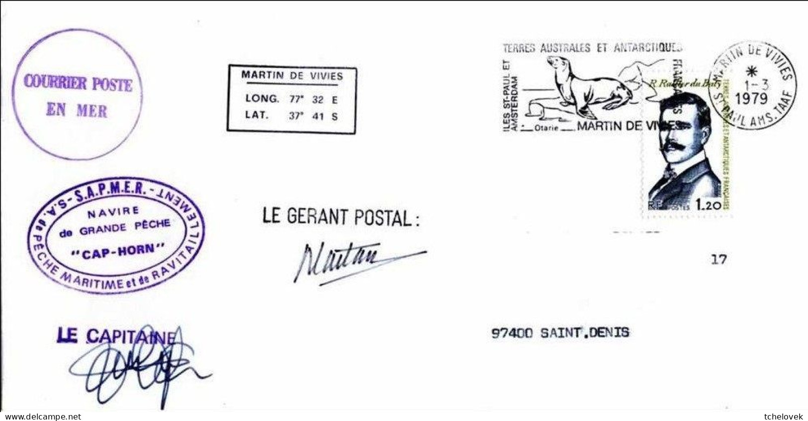 FSAT TAAF Navire De Grande Peche Cap Horn SAPMER 01.03.79 Flamme Martin De Vivies. T. 1.20 Rallier Du Baty (2) - Storia Postale