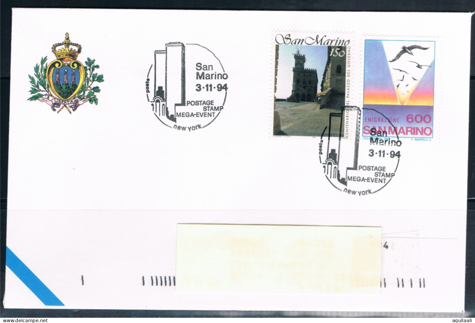 SAN MARINO 1994 - Expo Filatelico  "New York Mega Event", Annullo Speciale. - Briefmarkenausstellungen