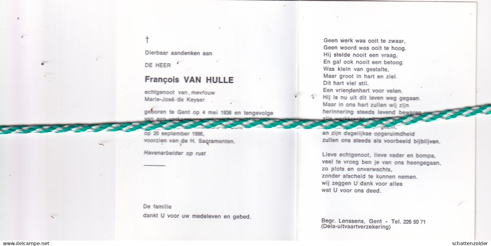 Francois Van Hulle-de Keyser, Gent 1936, 1996. Foto - Esquela