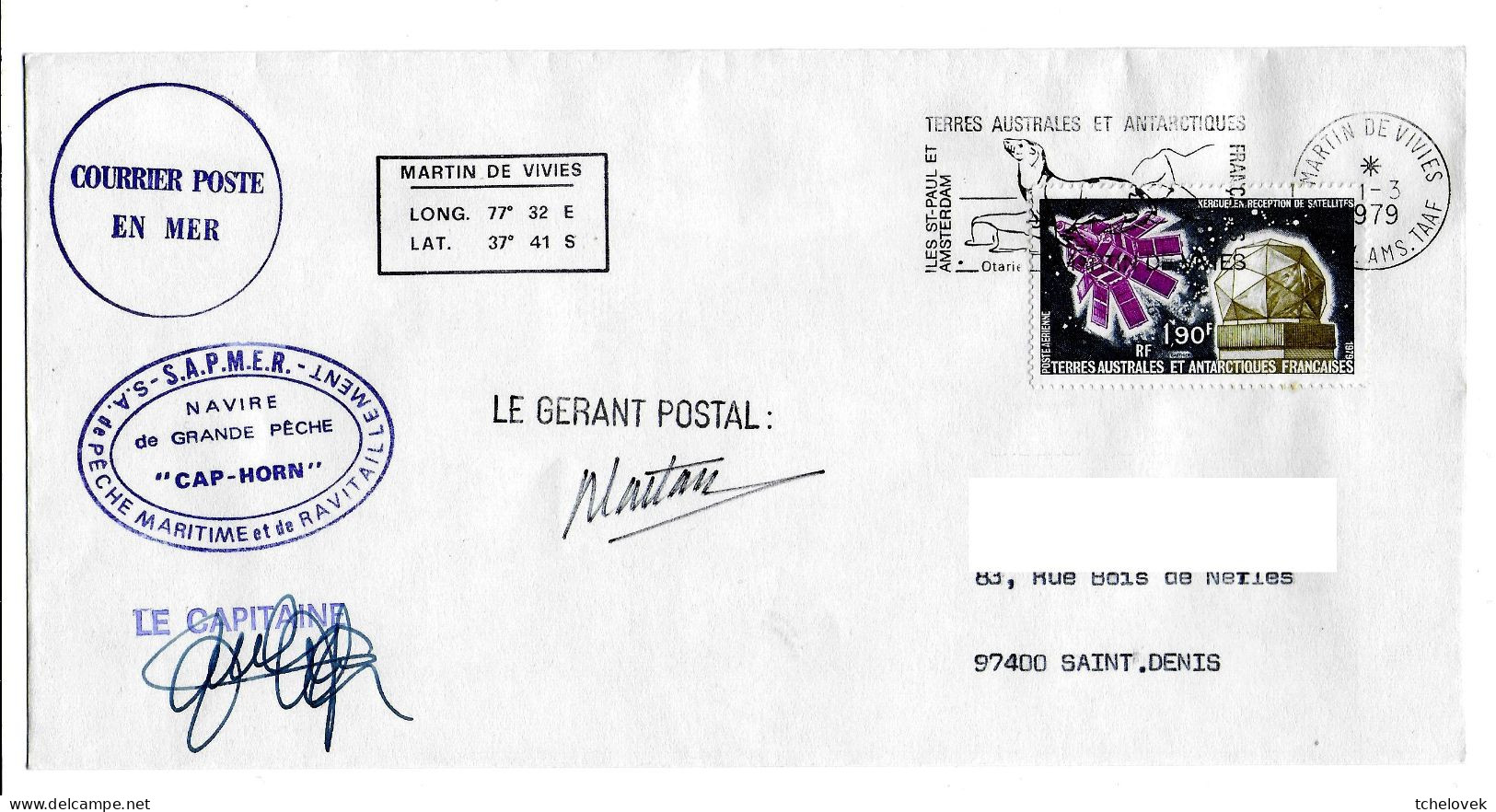 FSAT TAAF Navire De Grande Peche Cap Horn SAPMER 01.03.79 Flamme Martin De Vivies. Satelittes - Storia Postale