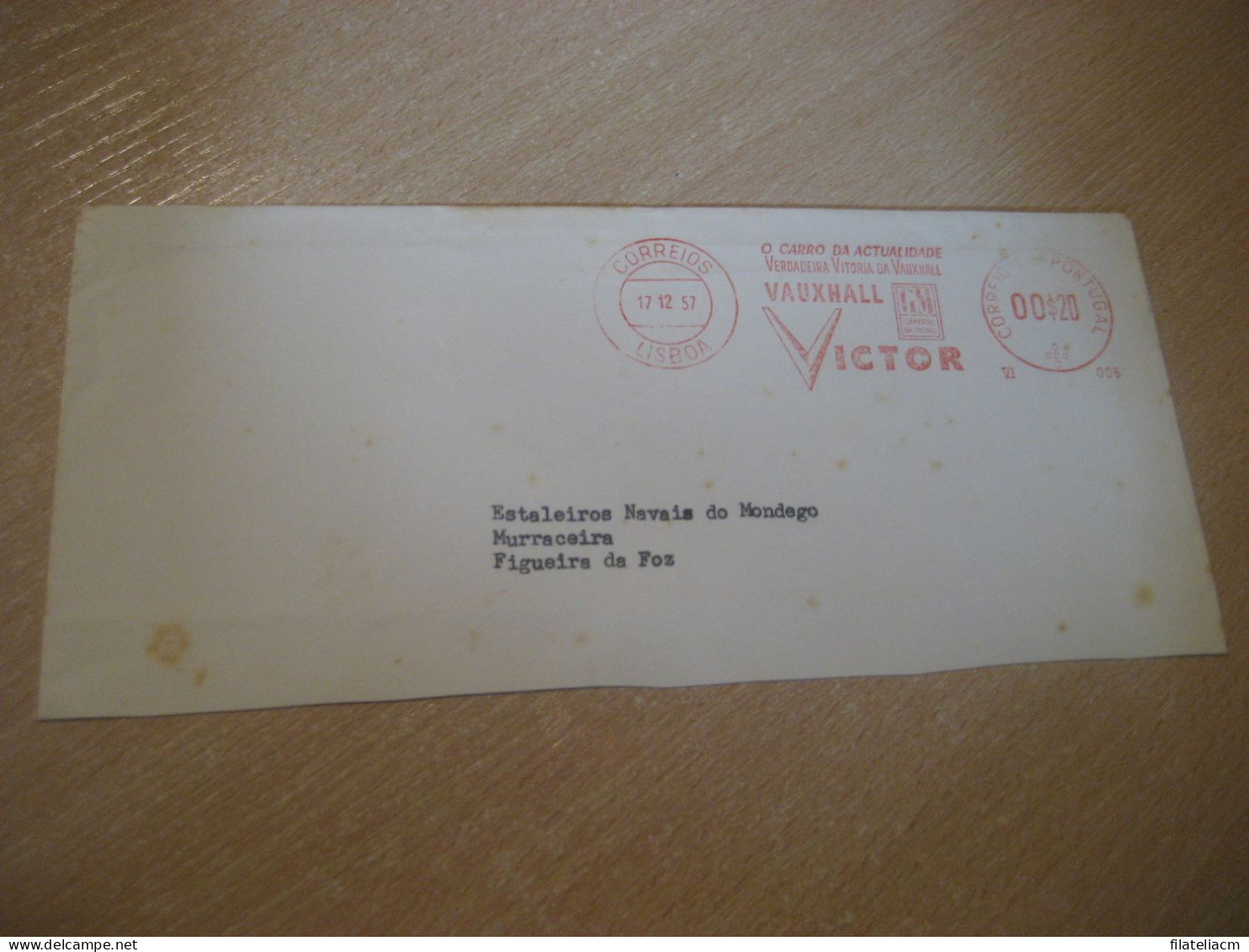 LISBOA 1957 To Figueira Da Foz GM General Motors Vauxhall Victor Meter Mail Cancel Cut Cuted Cover PORTUGAL - Lettres & Documents