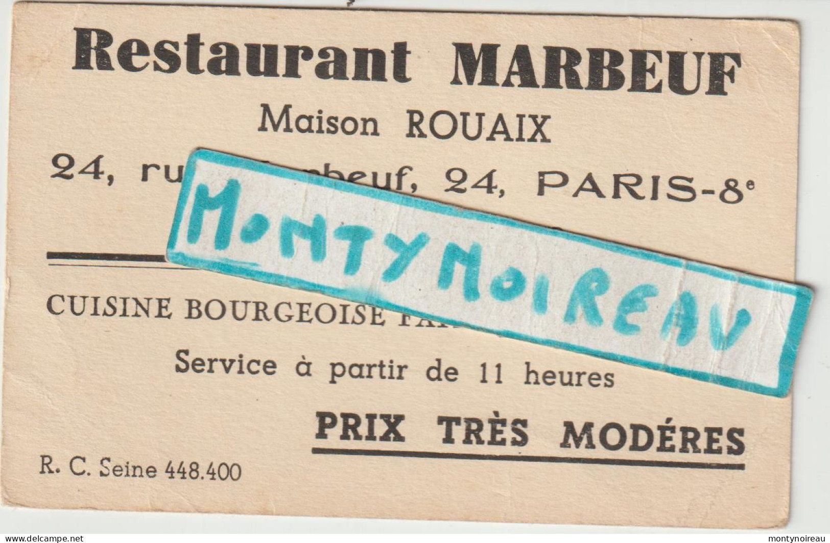 VP : Carte De Visite :  Paris  8 Em :  Restaurant  Marbeuf - Cartes De Visite