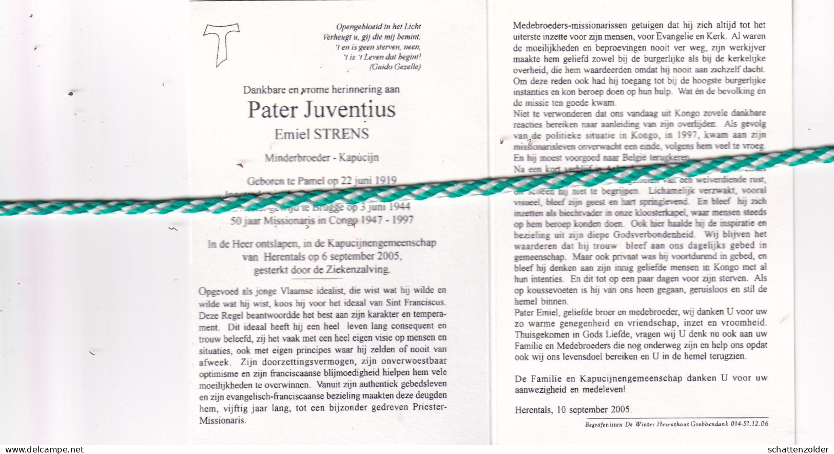 Pater Juventius (Emiel Strens), Pamel 1919, Herentals 2005. Foto - Todesanzeige