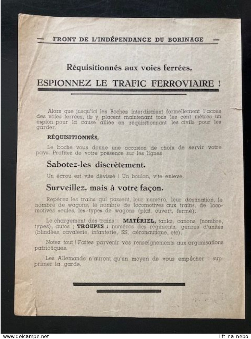Tract Presse Clandestine Résistance Belge WWII WW2 'Espionnez Le Trafic Ferroviaire!' - Documentos