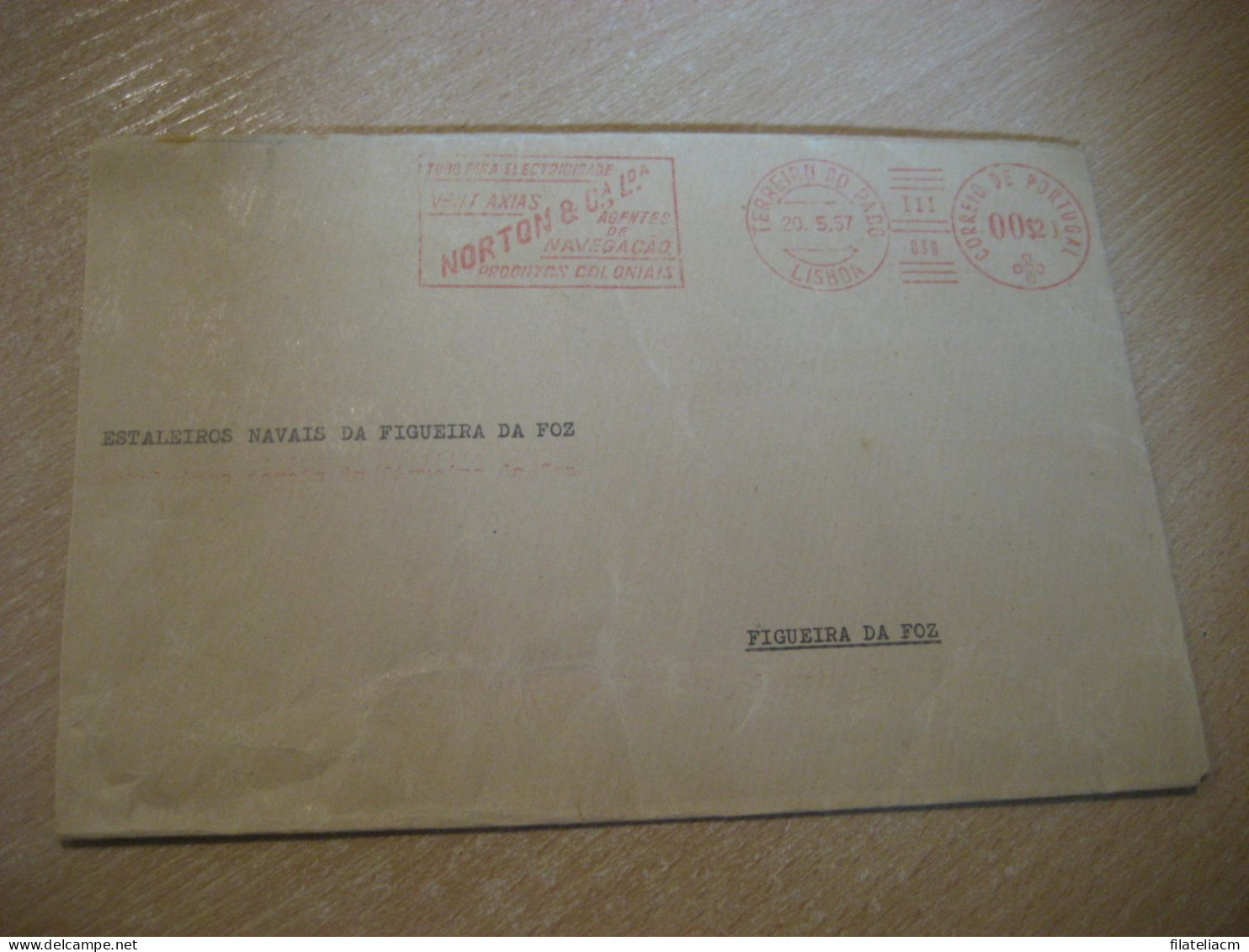 LISBOA 1957 To Figueira Da Foz Norton Agentes Navegaçao Produtos Coloniales Meter Mail Cancel Cover PORTUGAL - Lettres & Documents
