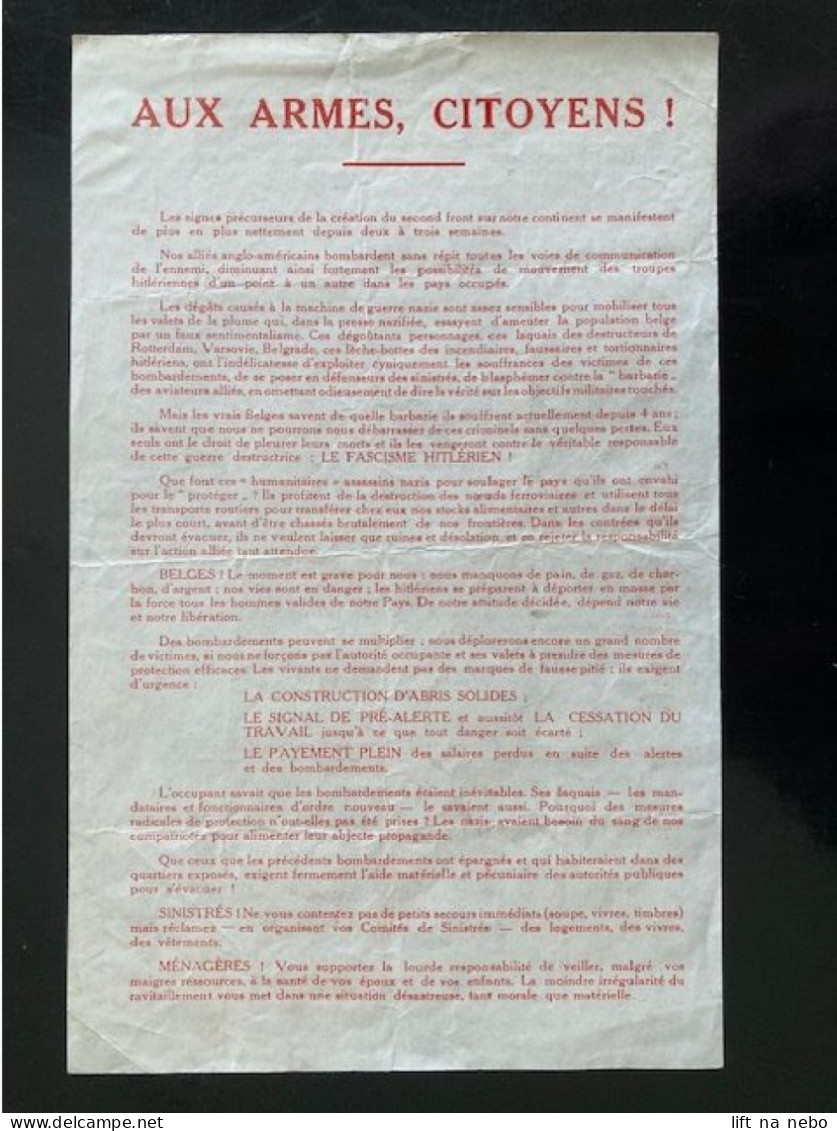 Tract Presse Clandestine Résistance Belge WWII WW2 'Aux Armes, Citoyens!' Printed On Both Sides - Documentos