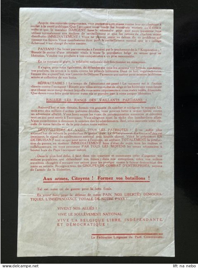 Tract Presse Clandestine Résistance Belge WWII WW2 'Aux Armes, Citoyens!' Printed On Both Sides - Documenten