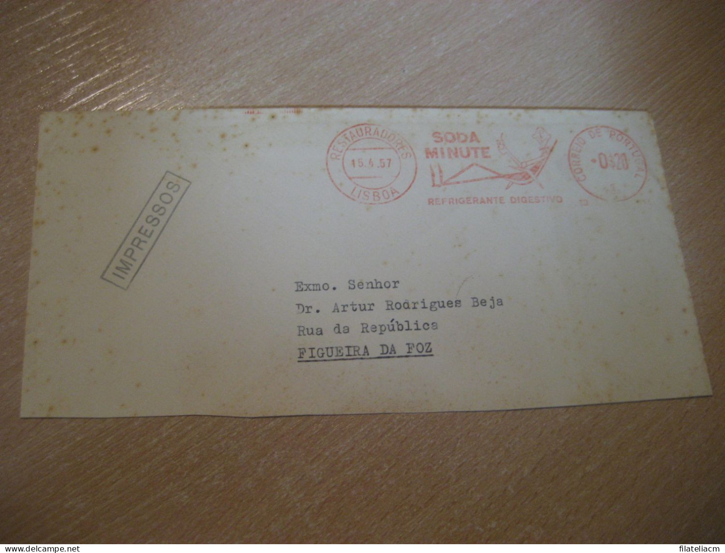 LISBOA 1957 To Figueira Da Foz Soda Minute Refrigerante Digestivo Drink Pharmacy Meter Mail Cancel Cut Cover PORTUGAL - Cartas & Documentos