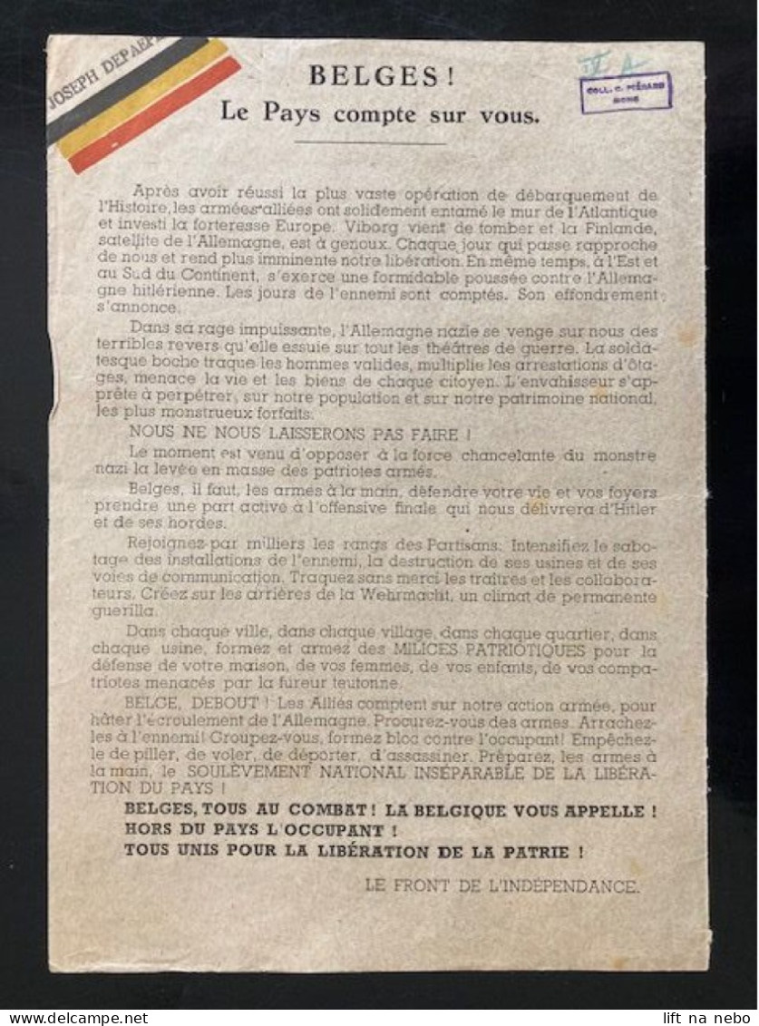 Tract Presse Clandestine Résistance Belge WWII WW2 'Belges! Le Pays Compte Sur Vous' - Dokumente