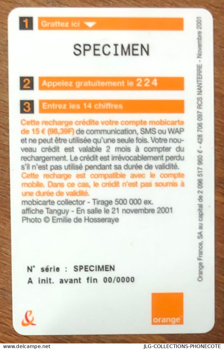 MOBICARTE ORANGE TANGUY SPÉCIMEN MBC MOBI GSM SCHEDA PHONE CARD PREPAID PREPAYÉE CALLING CARD CARTE TELECARTE - Mobicartes (recharges)