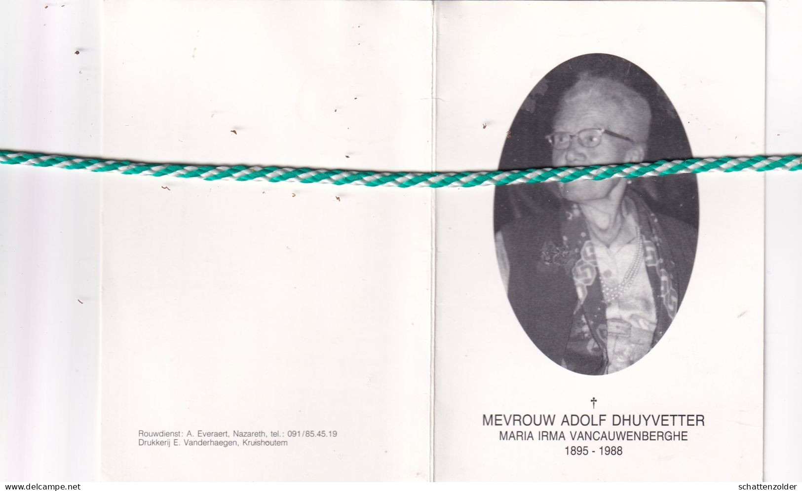Maria Irma Van Cauwenberghe-Dhuyvetter, Huise-Lozer 1895, Kruishoutem 1988. Foto - Esquela