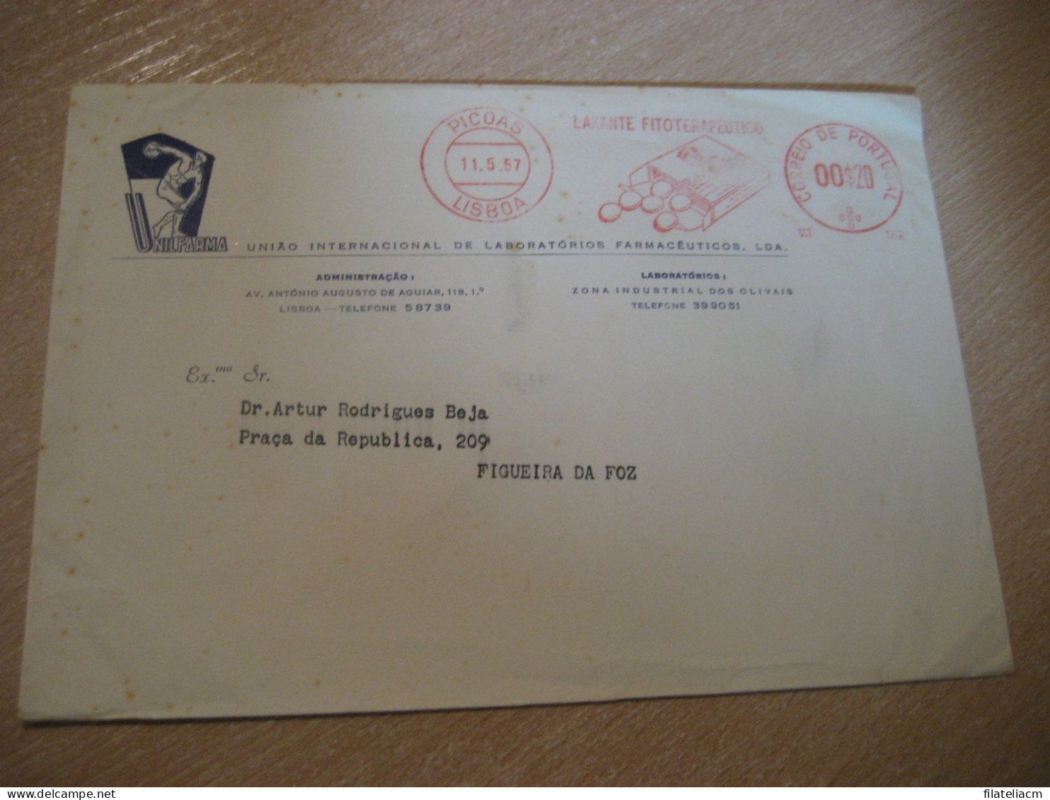 LISBOA 1957 To Figueira Da Foz Unilfarma Laxante Fitoterapeutico Pharmacy Health Meter Mail Cancel Cover PORTUGAL - Covers & Documents