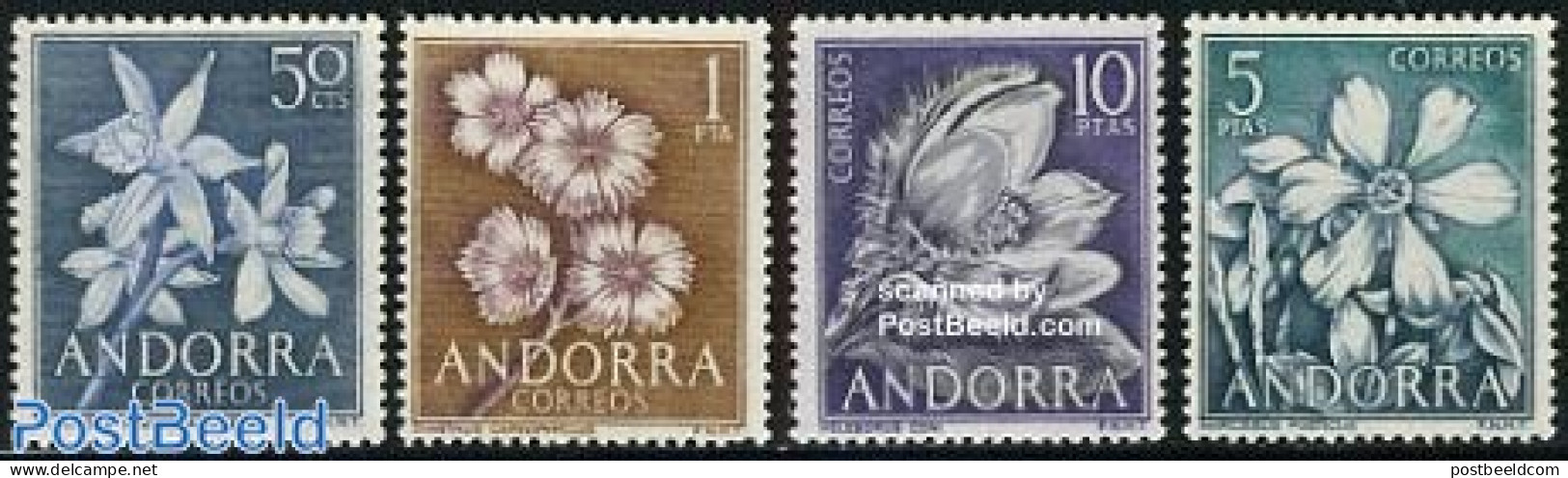Andorra, Spanish Post 1966 Definitives, Flowers 4v, Mint NH, Nature - Flowers & Plants - Unused Stamps