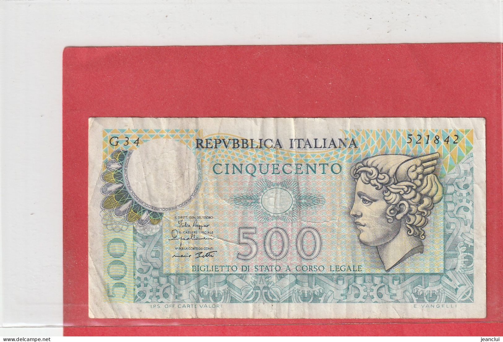REPUBLICA ITALIANA  .  500 LIRE  .SERIE  G34  N° 521842  .  2 SCANNES  .  BILLET USITE - 500 Lire