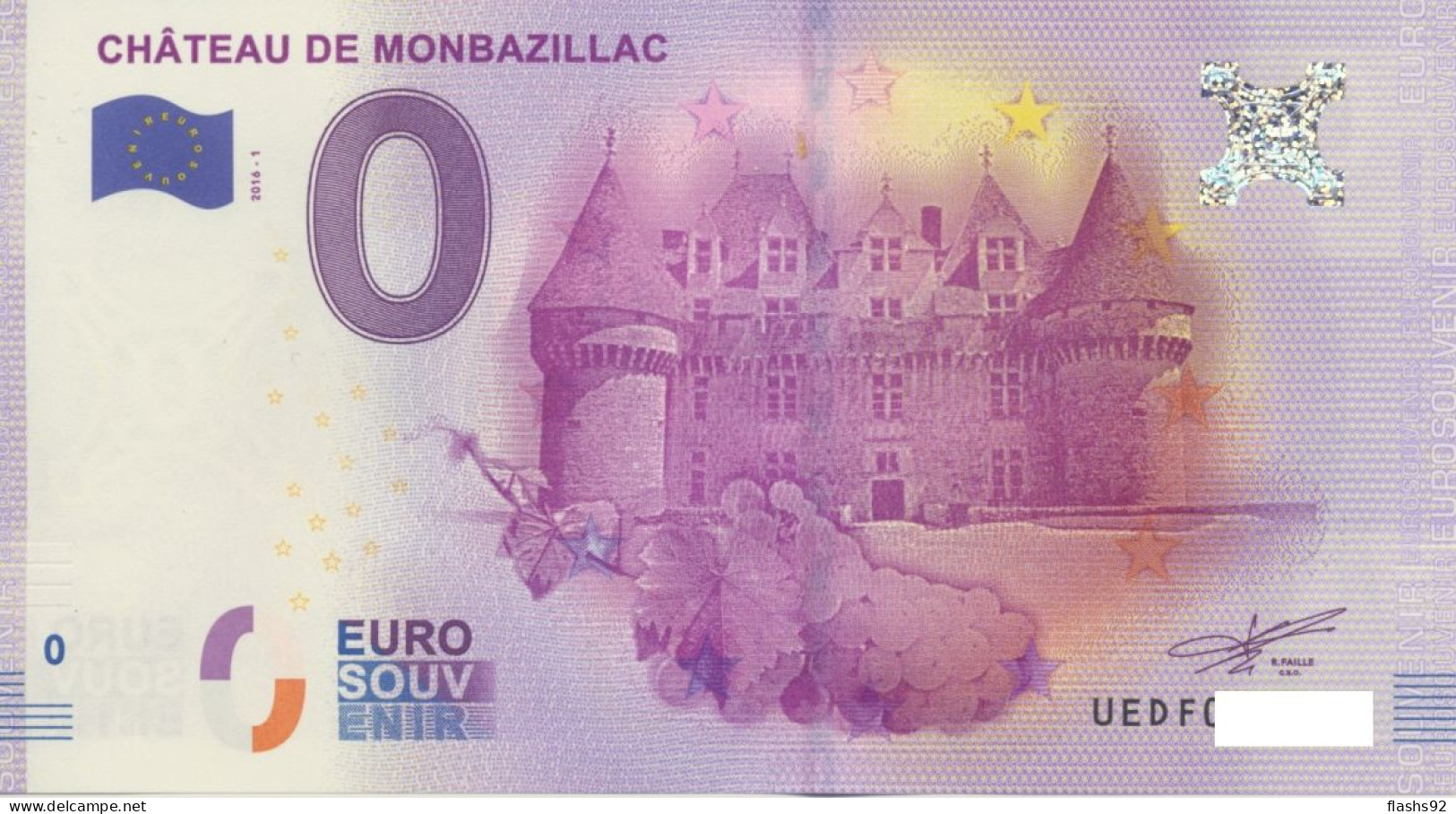 Vends Billet Souvenir Touristique 0€ Chateau De Monbazillac 2016-1 UEDF - Other & Unclassified