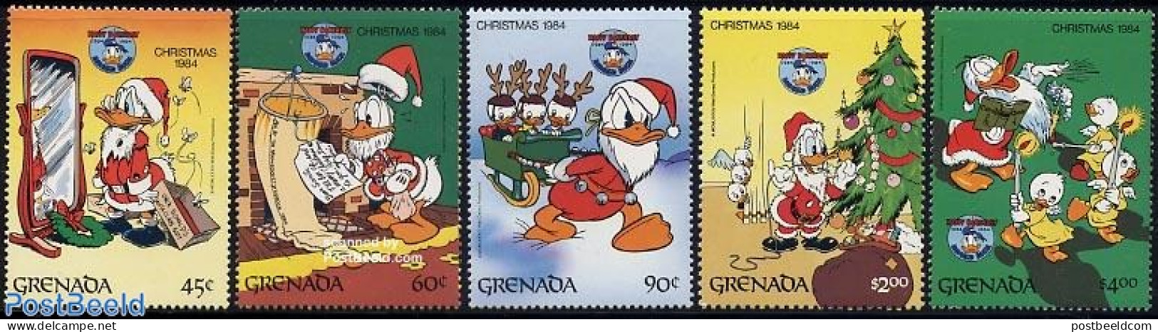 Grenada 1984 Christmas, Disney 5v, Mint NH, Religion - Christmas - Art - Disney - Christmas