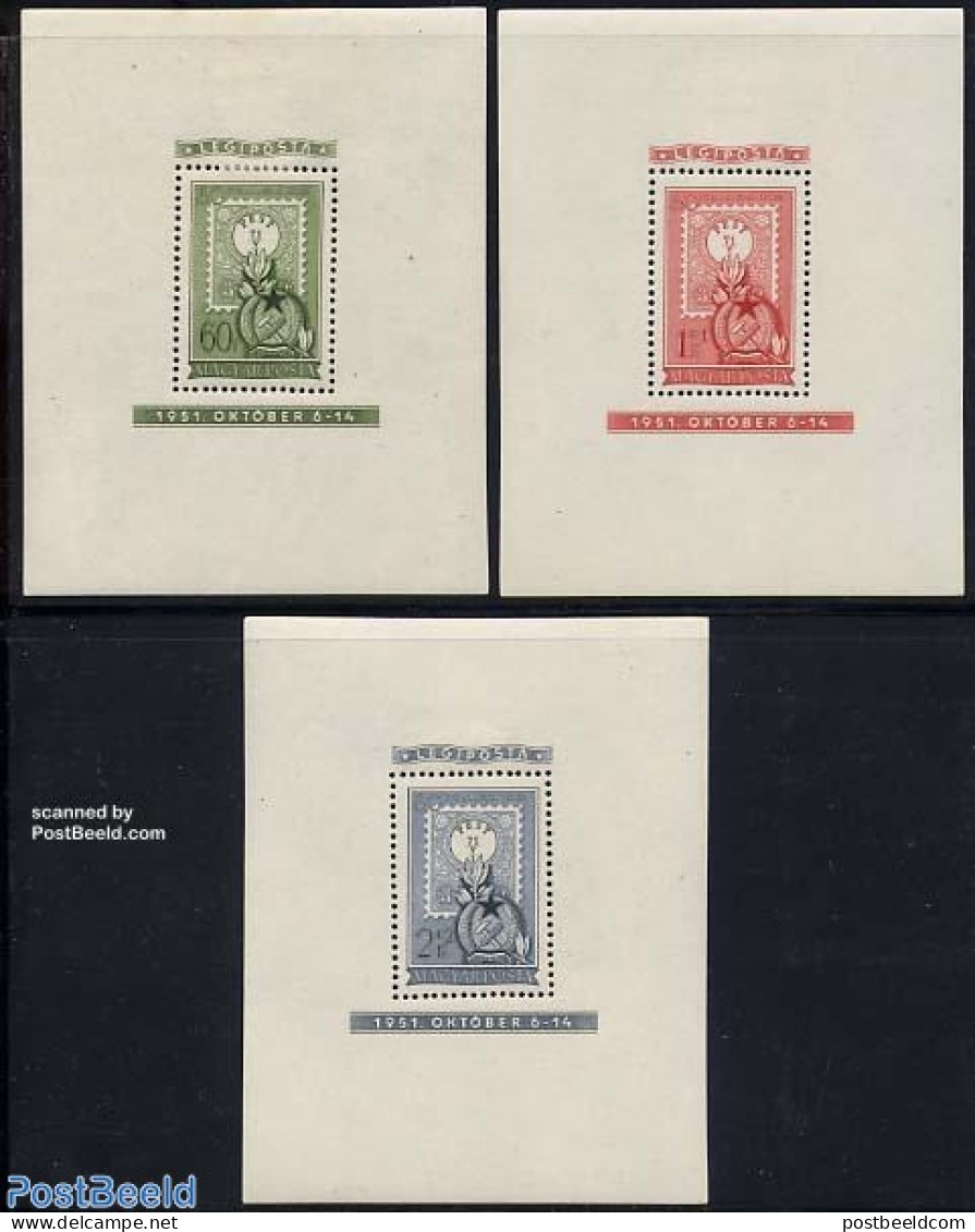 Hungary 1951 80 Years Stamps 3 S/s, Unused (hinged), Nature - Flowers & Plants - Stamps On Stamps - Ungebraucht