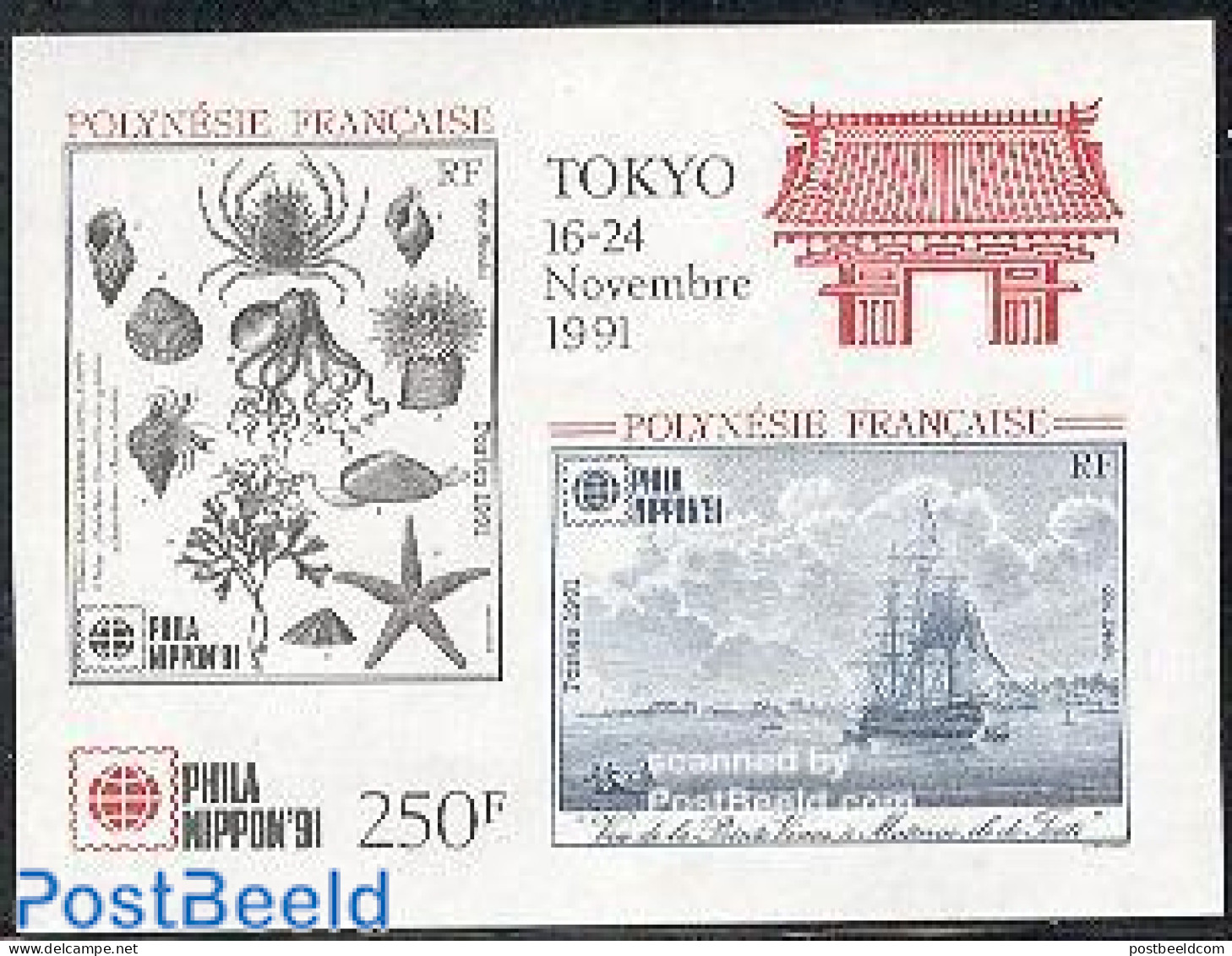 French Polynesia 1991 Philanippon S/s, Mint NH, Nature - Transport - Shells & Crustaceans - Ships And Boats - Ongebruikt
