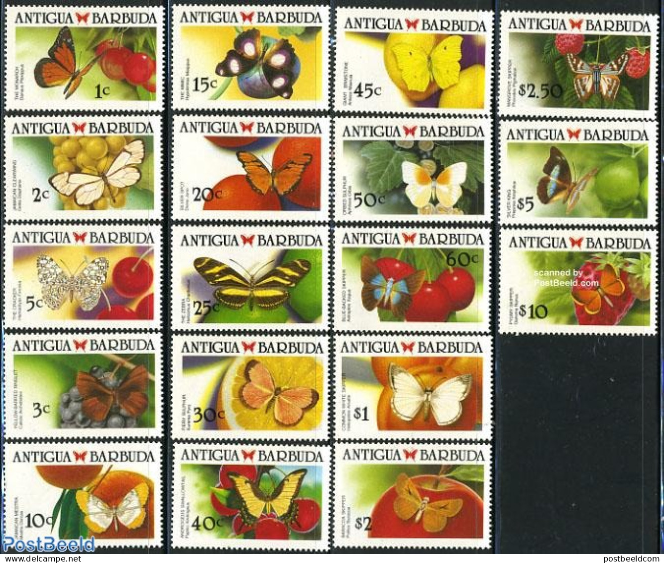 Antigua & Barbuda 1988 Butterflies 18v, Mint NH, Nature - Butterflies - Antigua En Barbuda (1981-...)