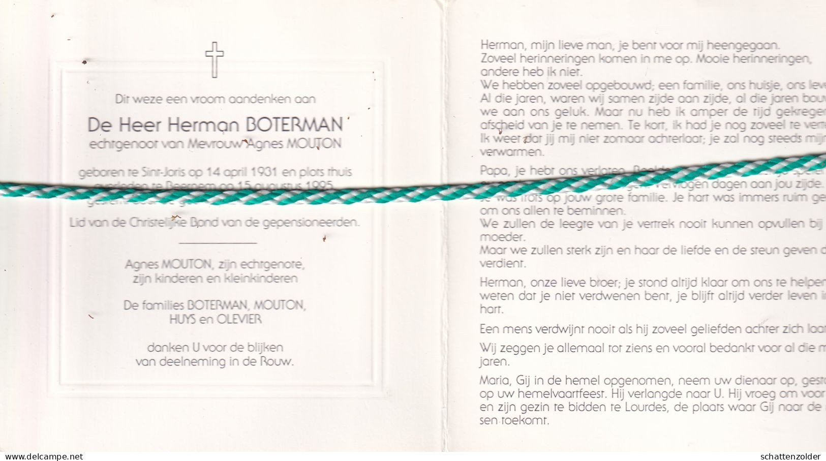 Herman Boterman-Mouton, Sint-Joris 1931, Beernem 1995. Foto - Todesanzeige