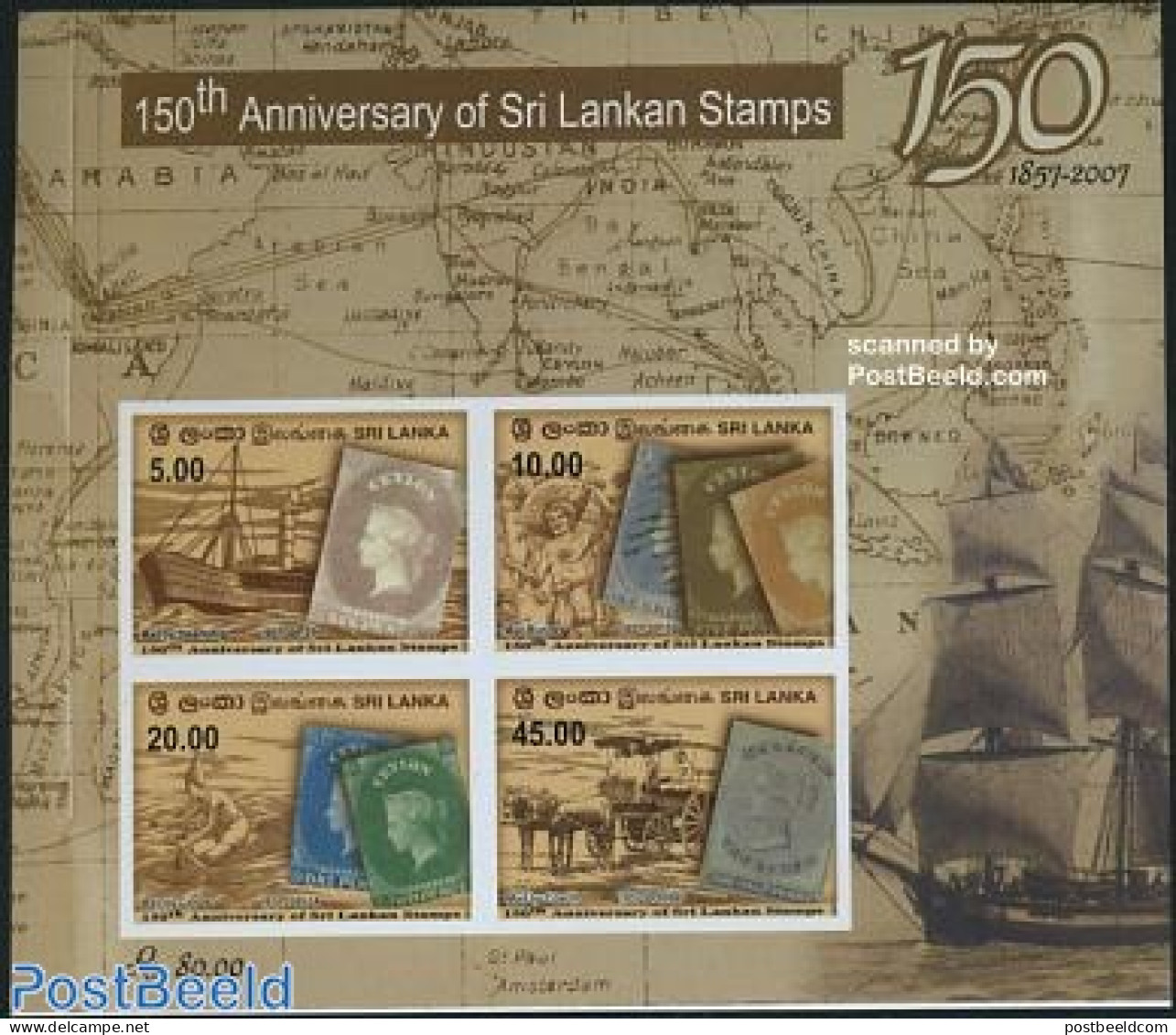 Sri Lanka (Ceylon) 2007 150 Years Stamps S/s Imperforated, Mint NH, Nature - Transport - Horses - Stamps On Stamps - S.. - Briefmarken Auf Briefmarken