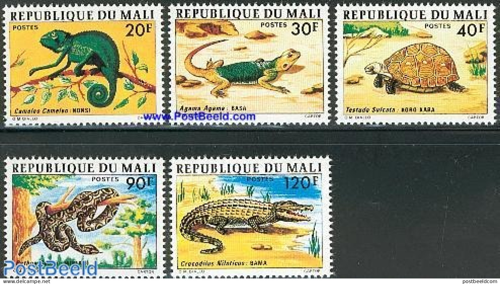 Mali 1976 Reptiles 5v, Mint NH, Nature - Animals (others & Mixed) - Crocodiles - Reptiles - Snakes - Turtles - Mali (1959-...)