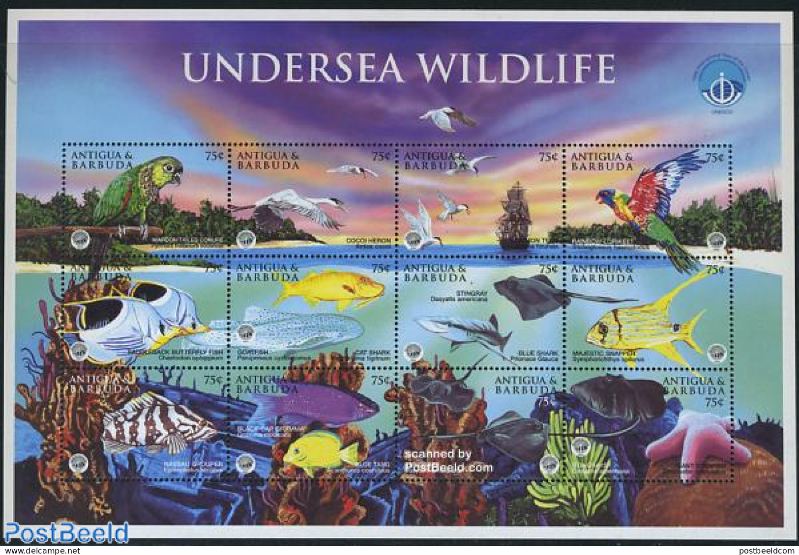 Antigua & Barbuda 1998 Int. Ocean Year 12v M/s, Mint NH, Nature - Birds - Fish - Sharks - Fishes