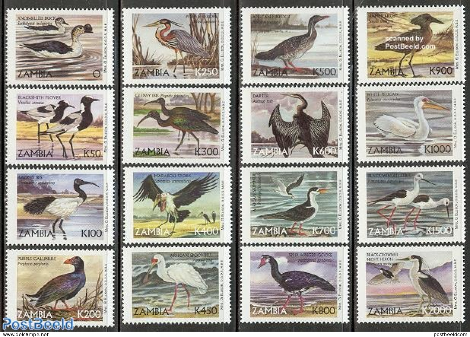 Zambia 1999 Water Birds 16v, Mint NH, Nature - Birds - Ducks - Zambia (1965-...)