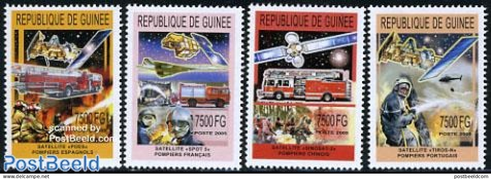 Guinea, Republic 2005 Fire Fighters, Satellites 4v, Mint NH, Transport - Automobiles - Concorde - Fire Fighters & Prev.. - Coches