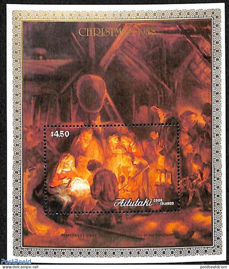 Aitutaki 1988 Christmas, Rembrandt S/s, Mint NH, Religion - Christmas - Art - Paintings - Rembrandt - Weihnachten