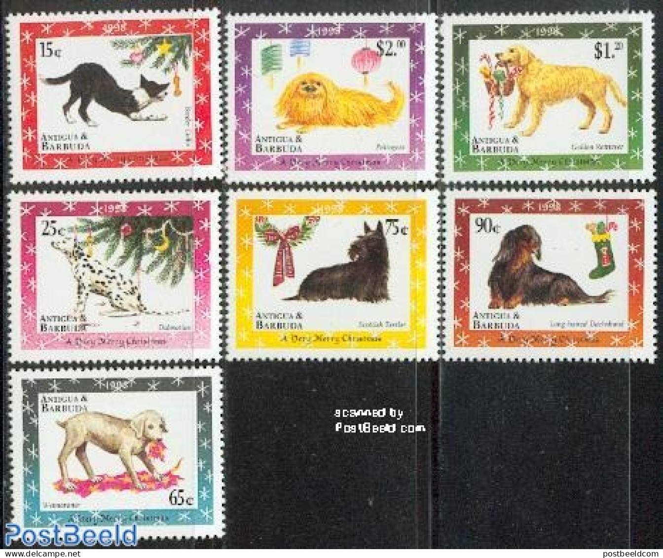 Antigua & Barbuda 1998 Christmas, Dogs 7v, Mint NH, Nature - Religion - Dogs - Christmas - Christmas