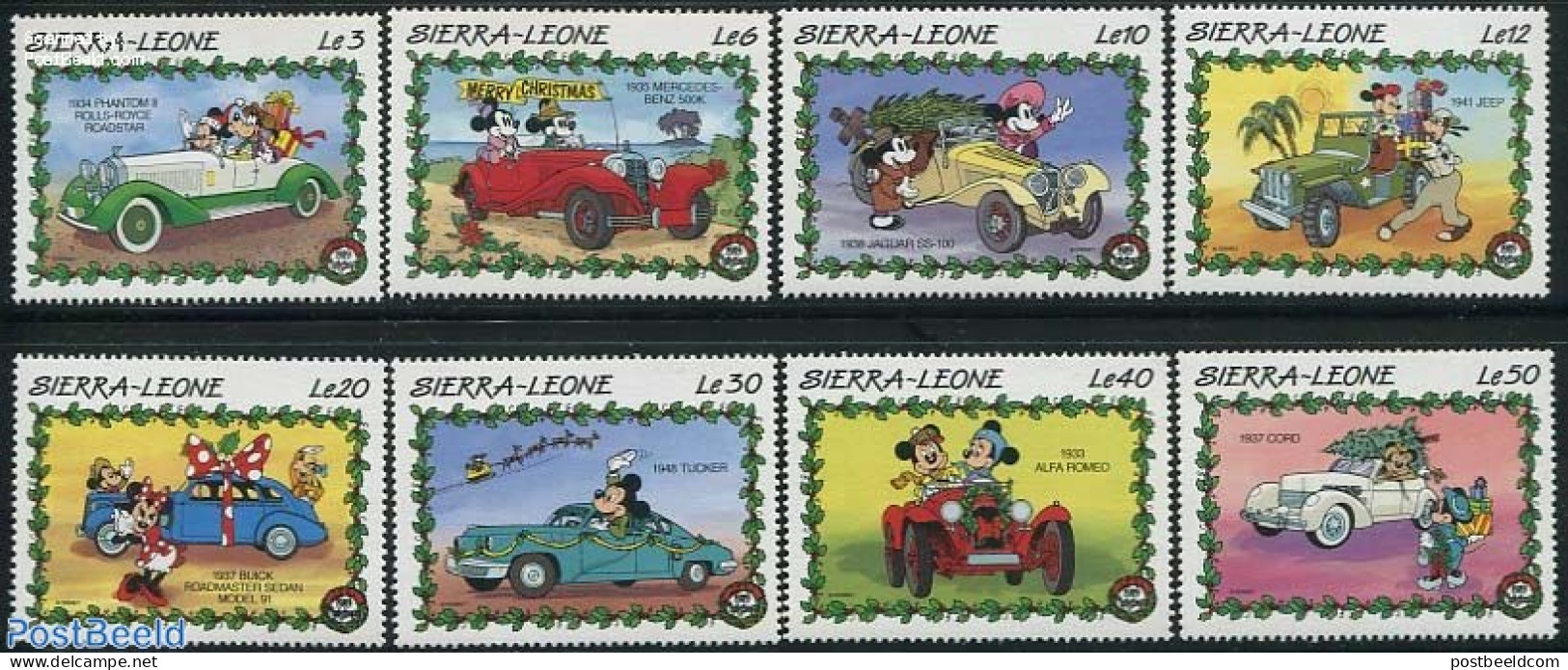 Sierra Leone 1989 Christmas 8v, Disney, Automobiles, Mint NH, Religion - Transport - Christmas - Automobiles - Art - D.. - Weihnachten