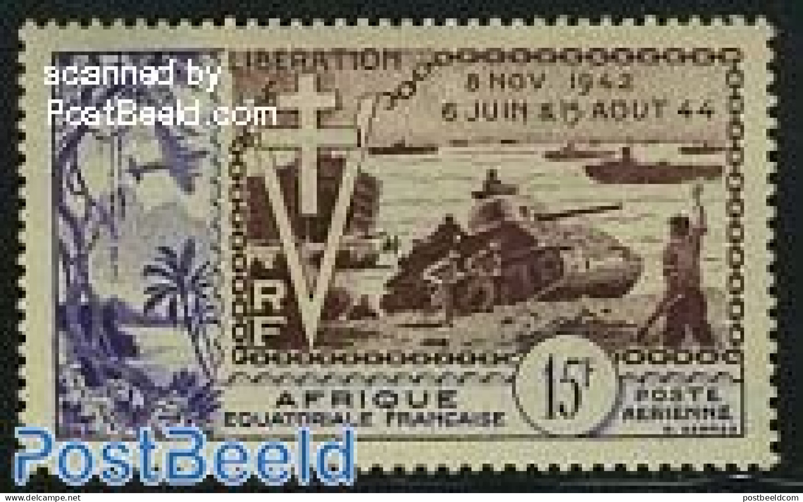 French Equatorial Africa 1954 10 Years Allied Landing 1v, Mint NH, History - Transport - World War II - Ships And Boats - Neufs