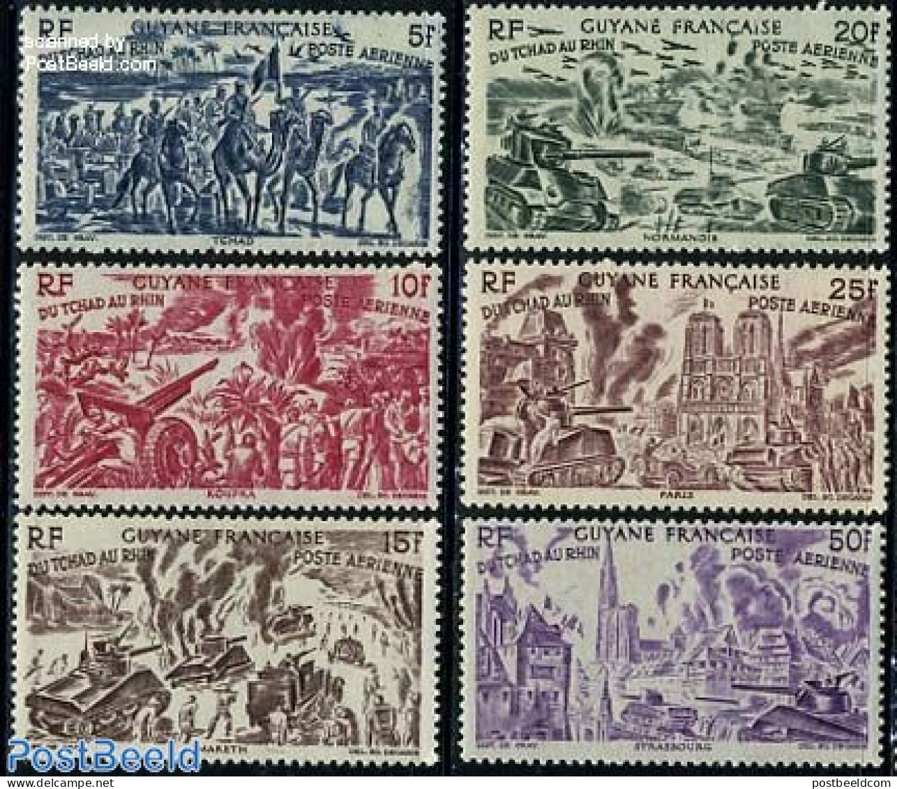 French Guyana 1946 From Chad To Rhine 6v, Mint NH, History - Nature - Transport - Militarism - World War II - Camels -.. - Militaria