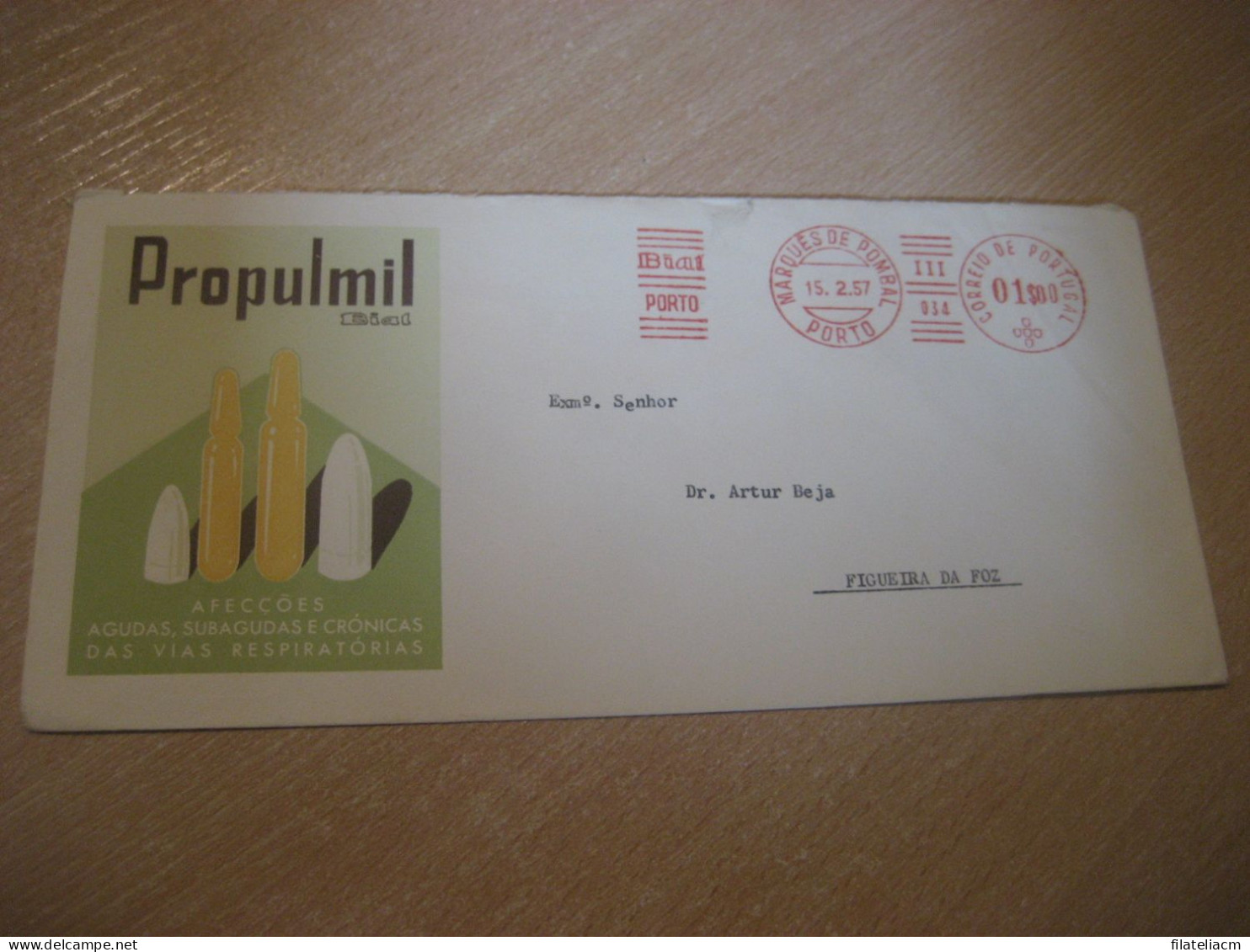 PORTO 1957 To Figueira Da Foz Bial Propulmil Pharmacy Health Chemical Meter Mail Cancel Cover PORTUGAL - Covers & Documents