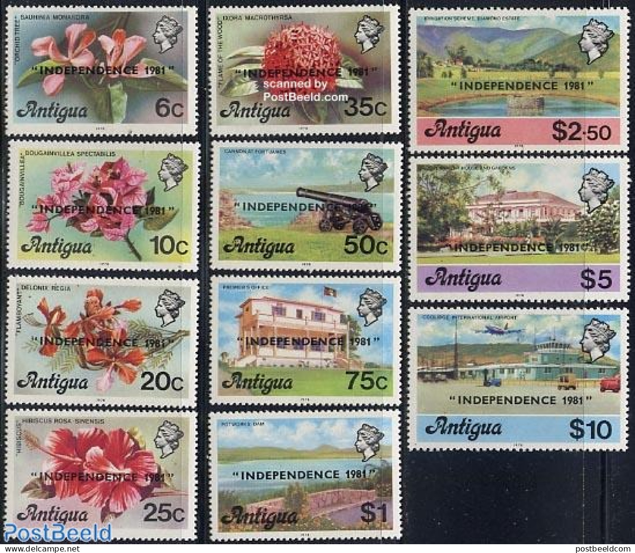 Antigua & Barbuda 1981 Independence 11v, Overprints, Mint NH, Transport - Animals (others & Mixed) - Flowers & Plants .. - Avions