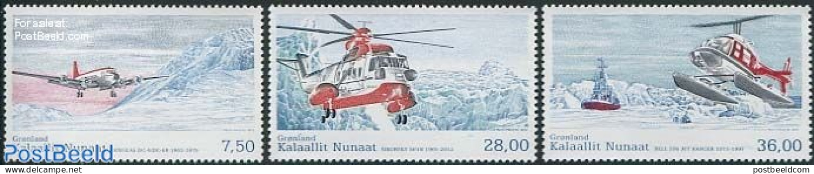 Greenland 2012 Air Traffic 3v, Mint NH, Transport - Helicopters - Aircraft & Aviation - Ships And Boats - Nuevos