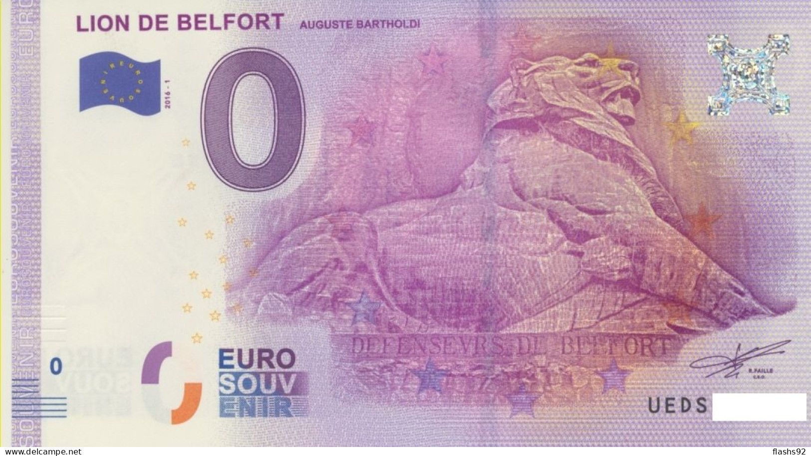 Vends Billet Souvenir Touristique 0€ Lion De Belfort 2016-1 UEDS - Altri & Non Classificati