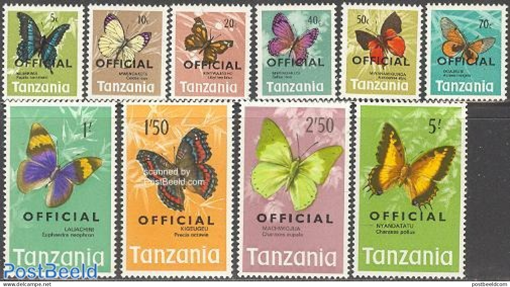 Tanzania 1973 OFFICIAL, Butterflies 10v, Mint NH, Nature - Butterflies - Tanzanie (1964-...)