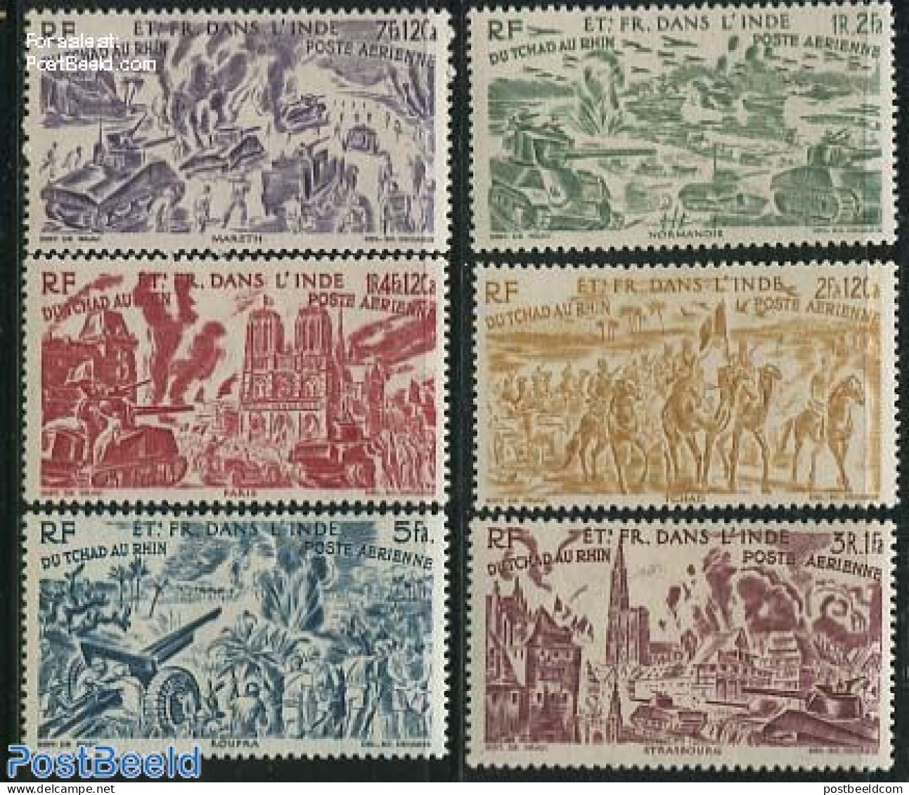 French India 1946 From Chad To Rhine 6v, Mint NH, History - Religion - Transport - World War II - Churches, Temples, M.. - Nuovi
